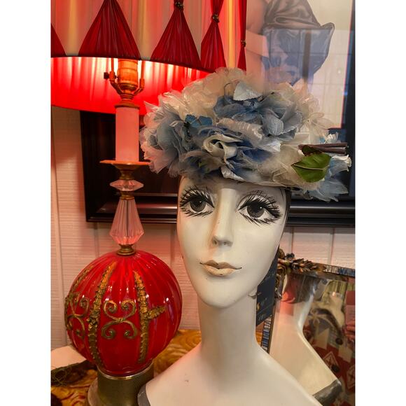 vintage 1950s blue flower hat modern miss 50s fashion easter wedding pillbox - Picture 5 of 8